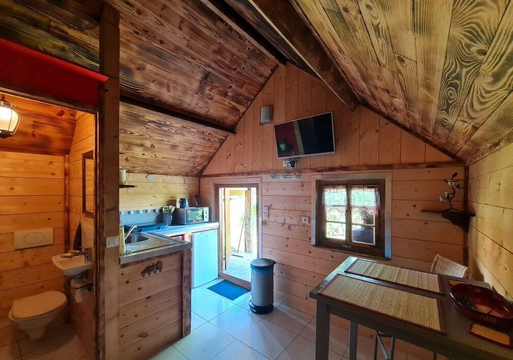 Cabane insolite au bord d’un étang à la campagne 
